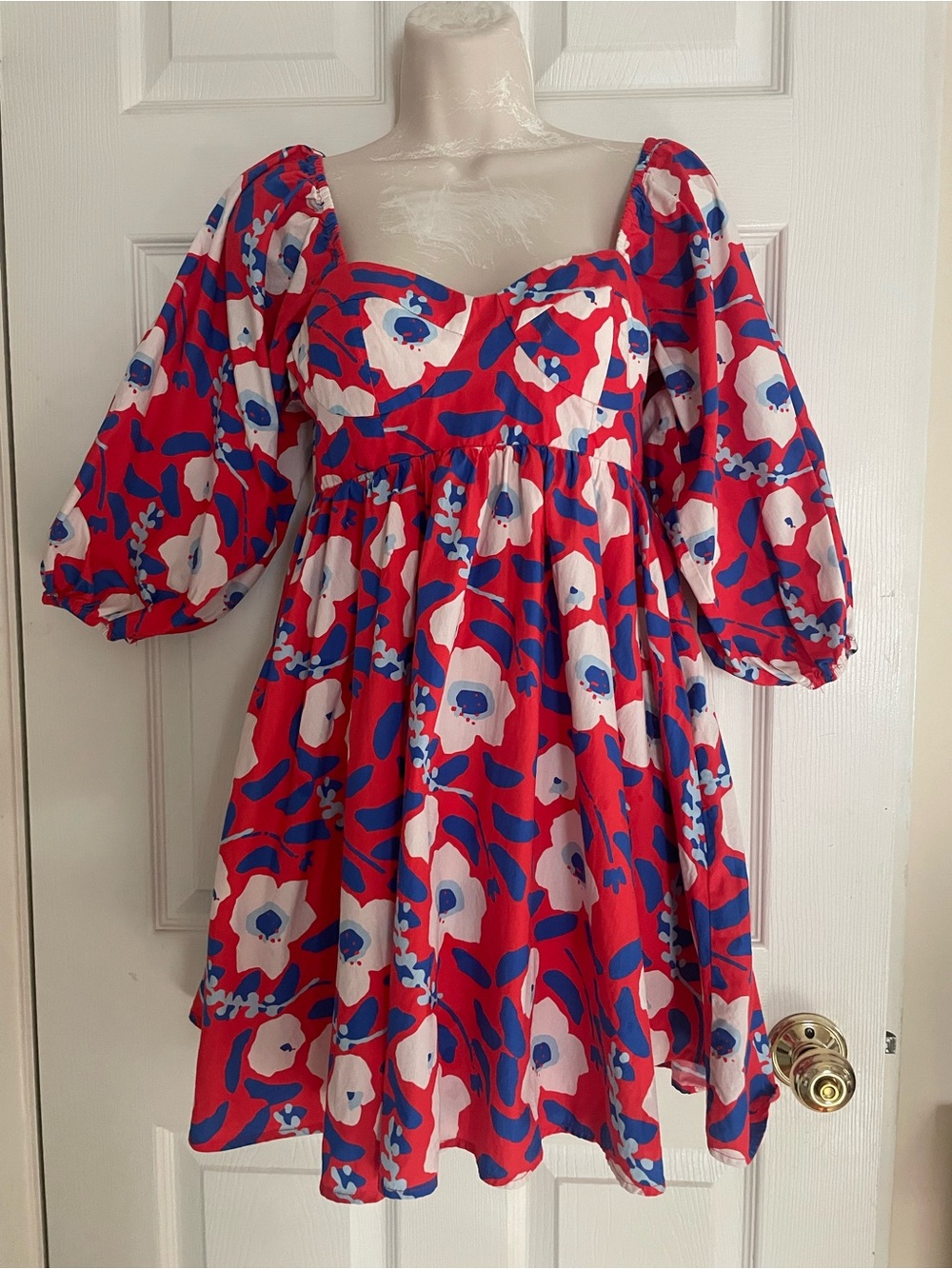 Anthropologie Hutch Bold Red and Blue Puffy Sleeve Mini Dress